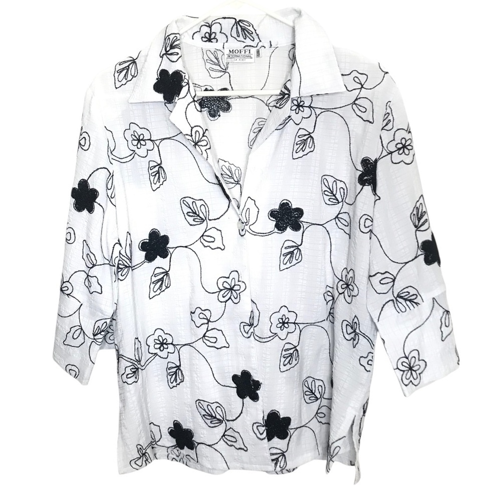 Moffi White Black Floral 3/4 Sleeve Textured Blouse – Size L